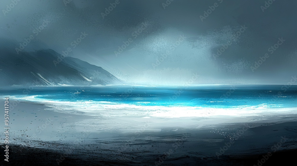 Naklejka premium A cliff looms in the background of the beach painting, with a serene body of water in the foreground The mountain, majestic and grand, stands tall in the background