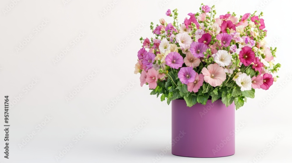 Fresh and colorful hollyhocks in a stylish purple hat box, adding a touch of nature to indoor spaces. Fresh and colorful hollyhocks in a stylish purple hat box, adding a touch of nature to indoor spaces.