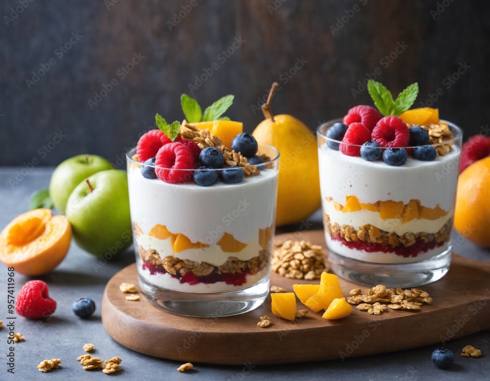 Cheesy fruit parfait with granola and yogurt