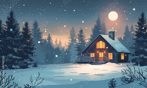 A flat vector of a cozy cabin in the woods.