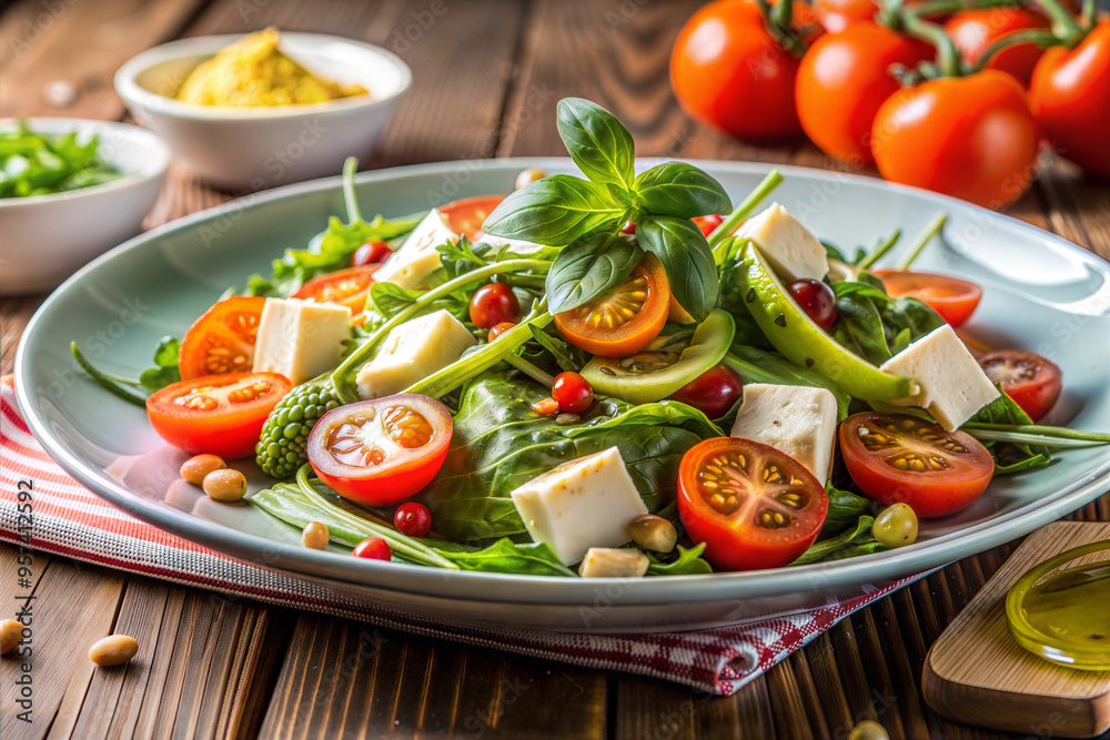fresh vegetable salad with tomatoes, greens, and cheese garnished with basil served on a wooden table fresh vegetable salad with tomatoes, greens, and cheese garnished with basil served on a wooden table