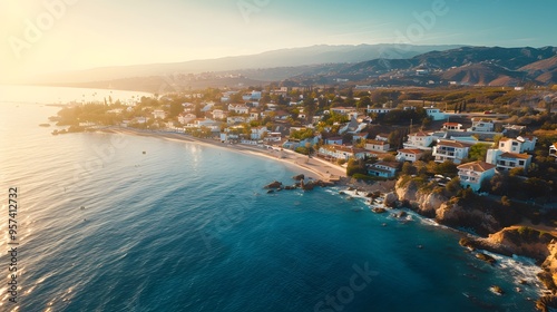 Fototapeta Naklejka Na Ścianę i Meble -  A beautiful beach with a small town in the background - generative AI
