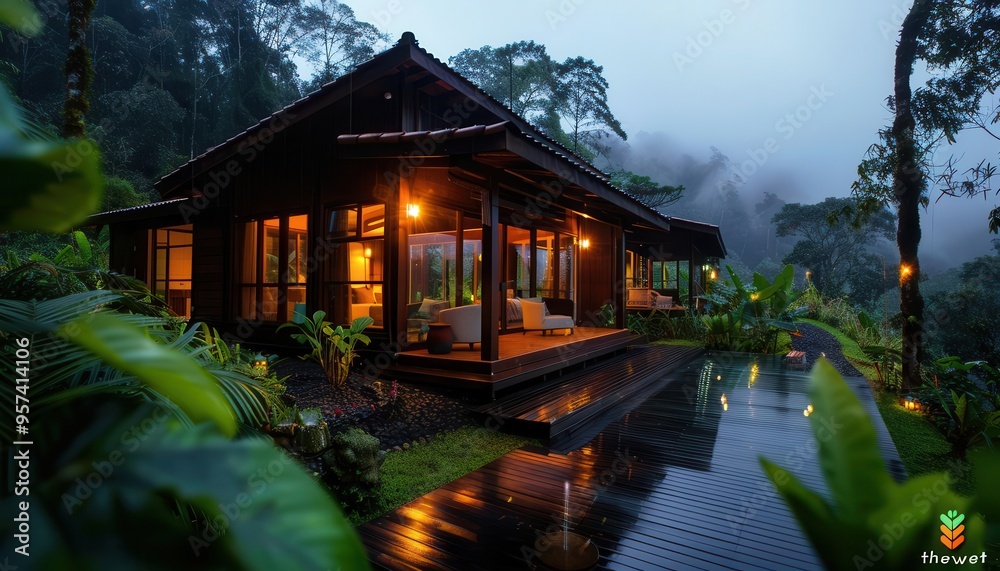 Ecolodge in a lush forest, sustainable and inviting, Nature, Soft greens, Photograph, Green living Ecolodge in a lush forest, sustainable and inviting, Nature, Soft greens, Photograph, Green living