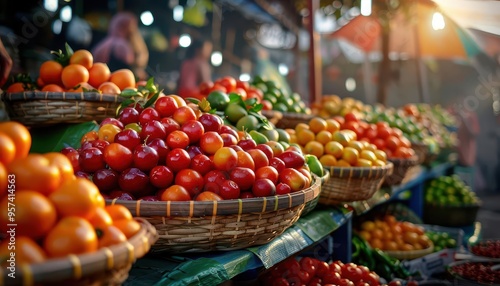 Fruit market with colorful produce, abundant and fresh, Rustic, Bright hues, Photograph, Market life