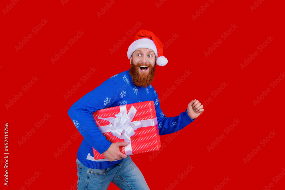 Xmas holiday present. Santa Claus man hurry for New Year sale. Santa man hold holiday shopping gift. Xmas present and gift. Christmas shopping sale. Happy New Year. Christmas cheer Xmas holiday present. Santa Claus man hurry for New Year sale. Santa man hold holiday shopping gift. Xmas present and gift. Christmas shopping sale. Happy New Year. Christmas cheer