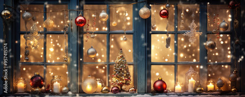 Christmas decoration window, balls trees, lights. Christmass wide banner,