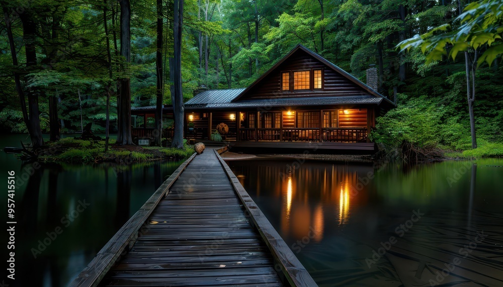 Lakeside cabin with a dock, serene and inviting, Nature, Soft greens, Photograph, Peaceful retreat