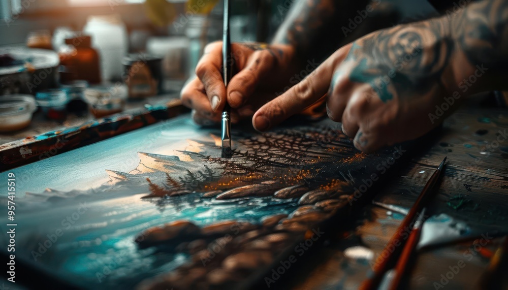 Obraz premium Landscape painting in progress, artistic and detailed, Artisan, Soft hues, Photograph, Creative process