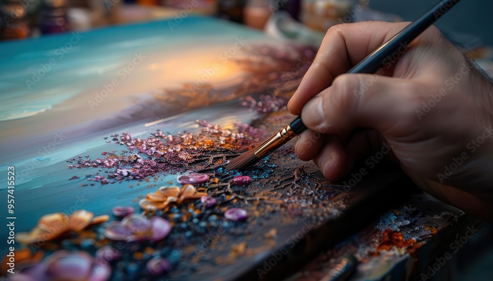 Obraz premium Landscape painting in progress, artistic and detailed, Artisan, Soft hues, Photograph, Creative process