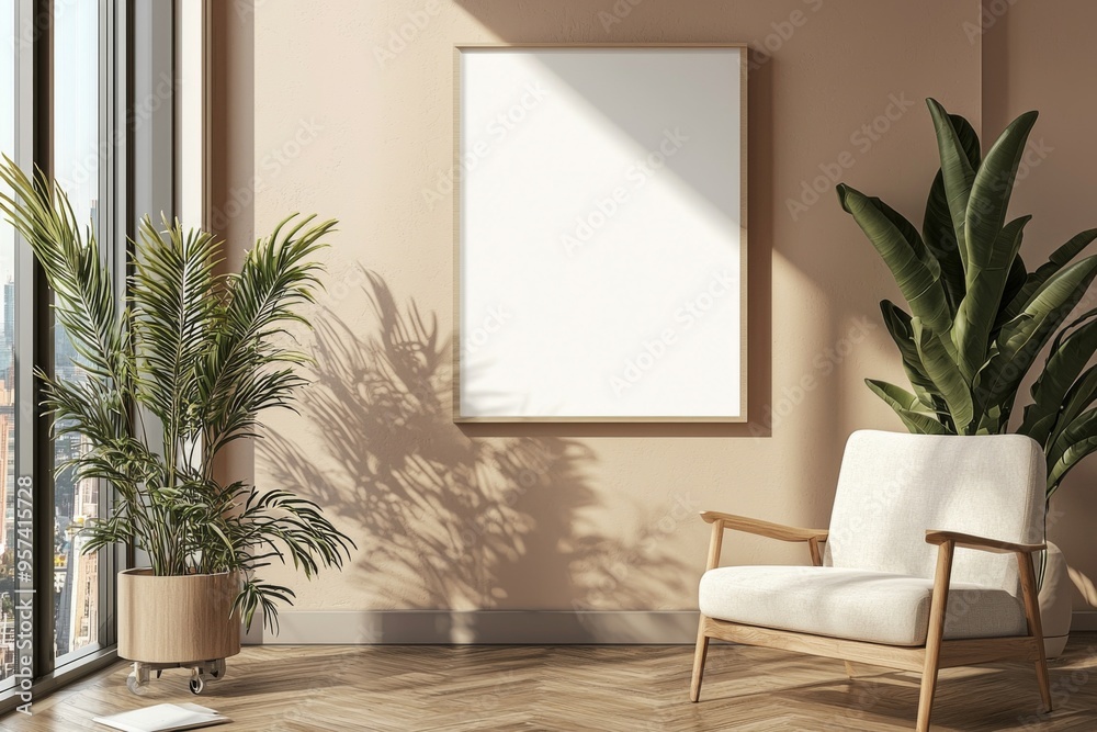Poster Frame in Beige minimalist living room interior created with generative AI Poster Frame in Beige minimalist living room interior created with generative AI