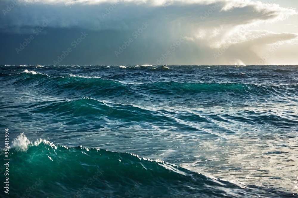 Fototapeta premium Person surfing on a wave in the ocean, suitable for use in travel, adventure, or outdoor recreation images