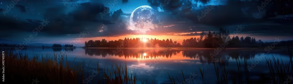 Obraz premium Moonlit night over a quiet landscape, serene and expansive, Nature, Cool tones, Photograph, Celestial beauty