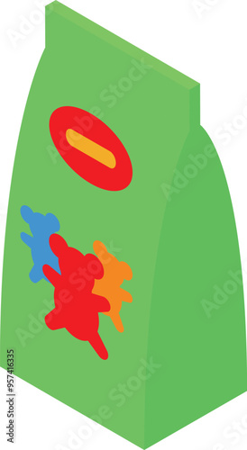 Green foil bag with gummy bears packaging standing up, side view