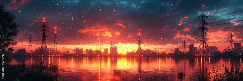 A city skyline with power lines silhouetted against a vibrant sunset, reflected in the calm water below. A city skyline with power lines silhouetted against a vibrant sunset, reflected in the calm water below.