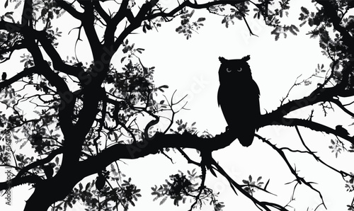 Silhouette vector of an owl in a tree.