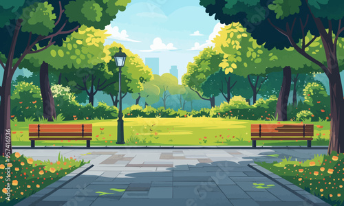 A flat vector of a park with benches.