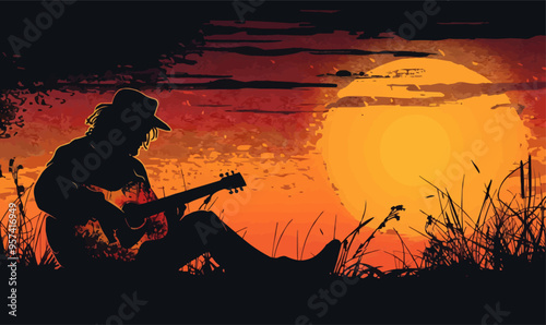 A silhouette vector of a person playing guitar.
