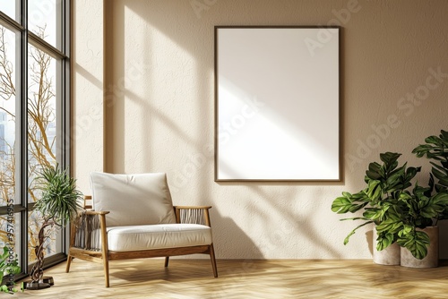 Poster Frame in Beige minimalist living room interior created with generative AI