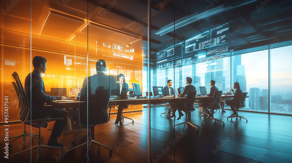Business or conference meeting in front of futuristic digital interface screen Business or conference meeting in front of futuristic digital interface screen