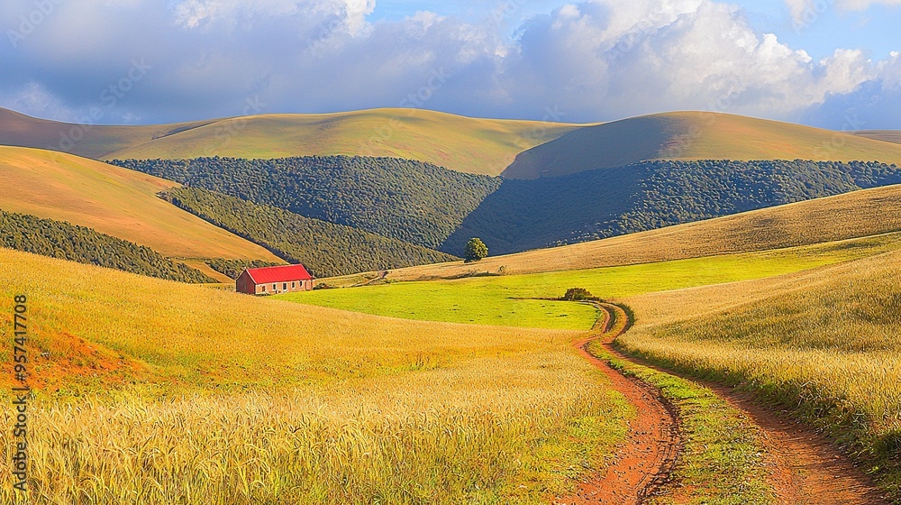 Fototapeta premium A red house stands amidst a grassy field, surrounded by a dirt road and towering mountains in the background