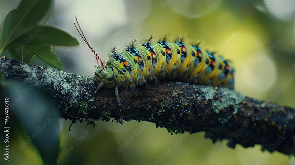 Naklejka premium A sharp photo of a caterpillar on a tree branch with a fuzzy backdrop of forestry