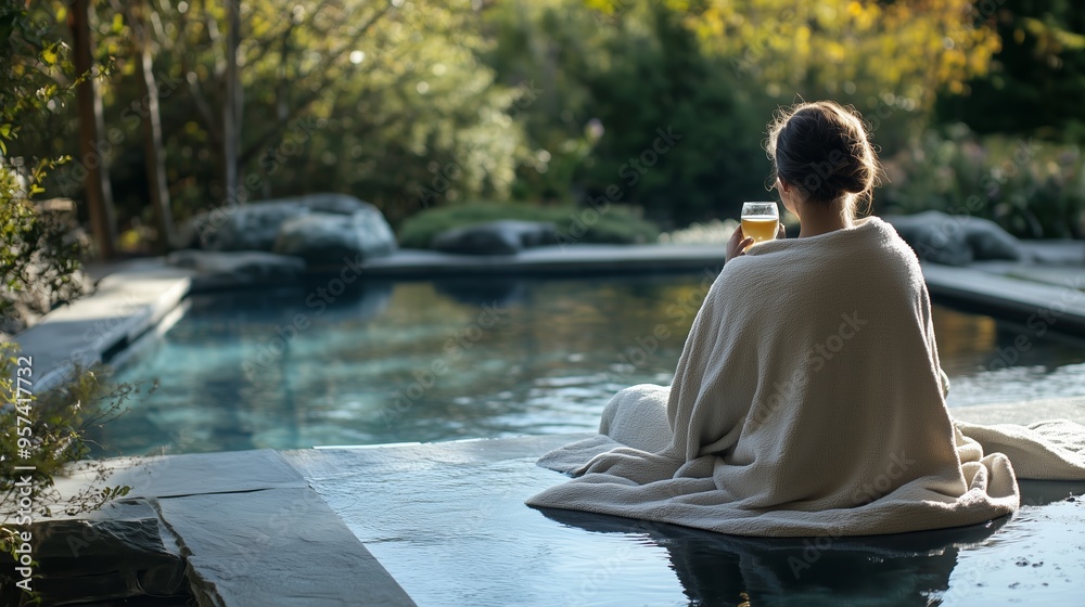 Relaxing by the serene pool, a person enjoys a drink wrapped in a soft blanket during a tranquil afternoon in a lush garden Relaxing by the serene pool, a person enjoys a drink wrapped in a soft blanket during a tranquil afternoon in a lush garden