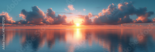 A stunning sunset over the ocean with colorful clouds reflecting on the water.