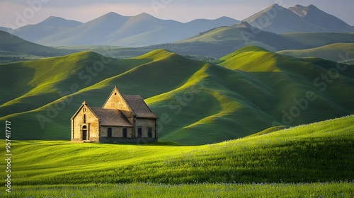  Small church amidst grassy field, with mountainous background