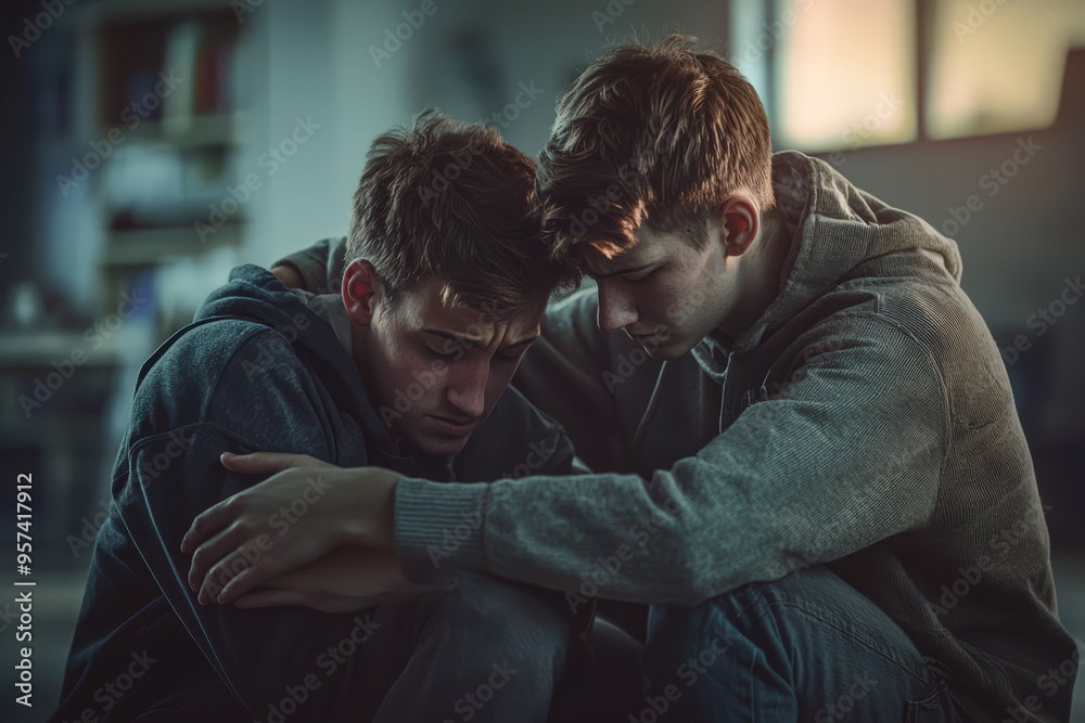 Fototapeta premium A teacher comforting a student who is struggling, providing the support needed to overcome challenges. Concept of compassion. Generative Ai.