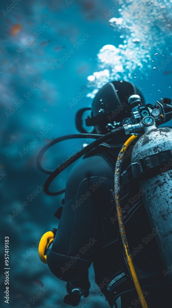 A man in a black wet suit is underwater with a yellow buoyancy aid attached to h A man in a black wet suit is underwater with a yellow buoyancy aid attached to h