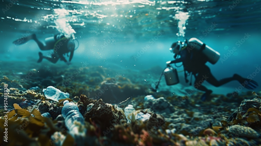 Two scuba divers are swimming in the ocean, one of them holding a camera Two scuba divers are swimming in the ocean, one of them holding a camera