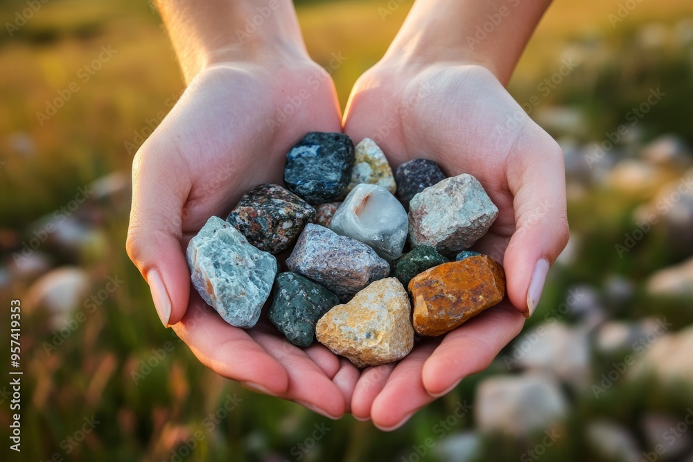 hands holding a small collection of colorful and unique rocks, with an open field or natural landscape in the background, capturing the texture and details of the rocks with soft, diffused lighting hands holding a small collection of colorful and unique rocks, with an open field or natural landscape in the background, capturing the texture and details of the rocks with soft, diffused lighting