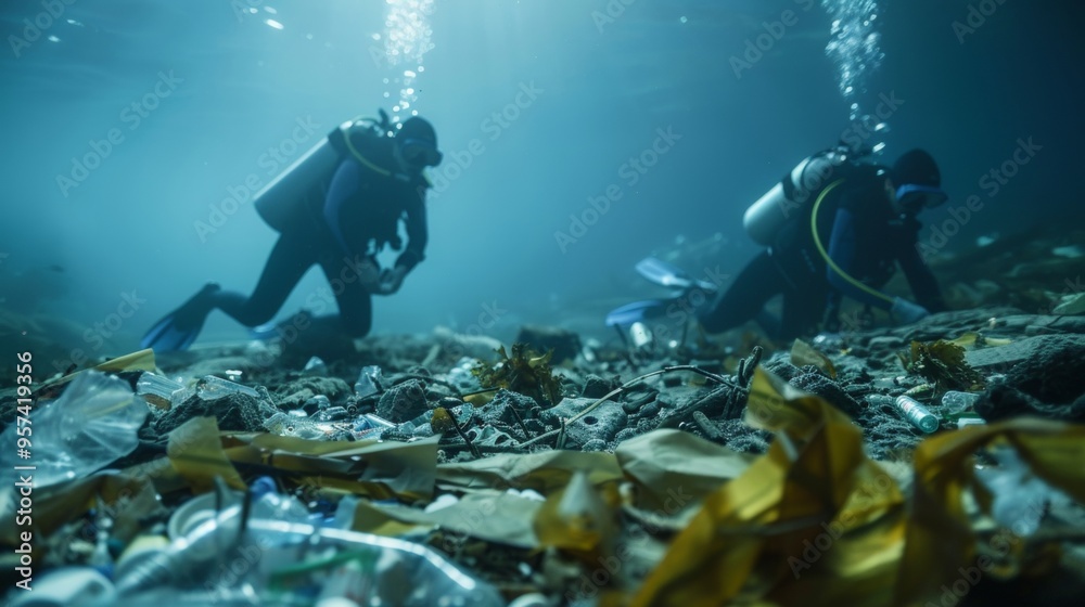 Two scuba divers are underwater, one of them is looking at something Two scuba divers are underwater, one of them is looking at something