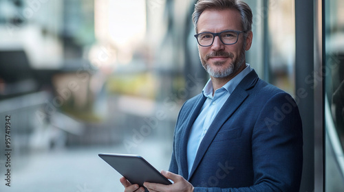 Business man with glasses wearing a suit, confidently looking at camera holding a tablet