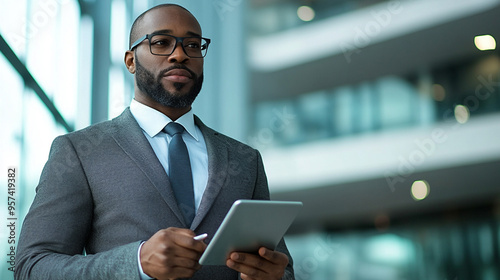 Business man with glasses wearing a suit, confidently looking at camera holding a tablet