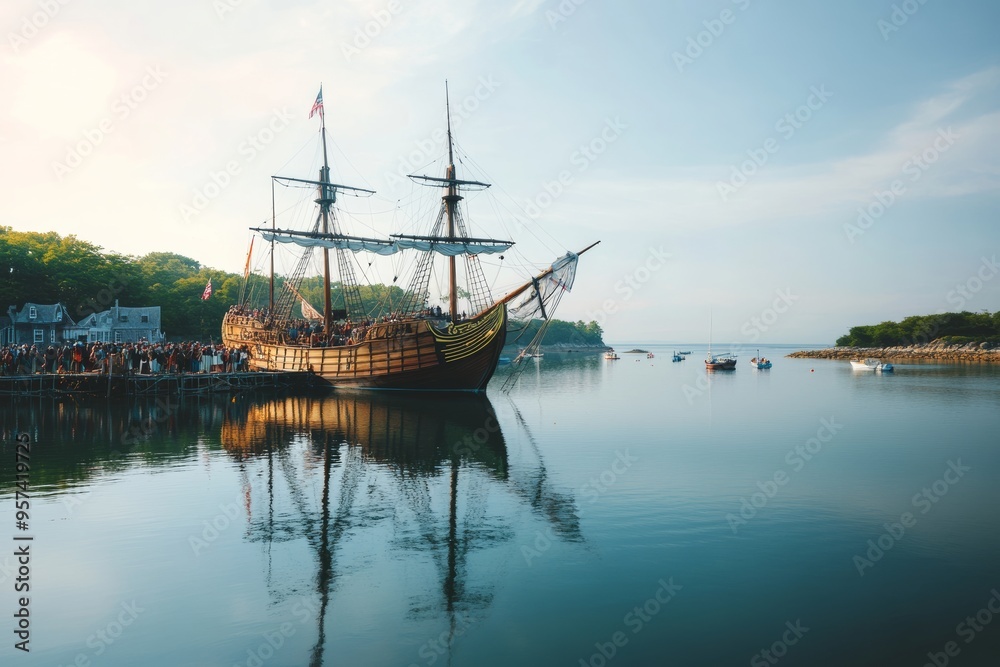 historical replica of the Mayflower ship docked at picturesque harbor, with clear sky and calm waters