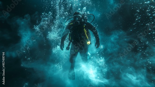 A man in a scuba suit is swimming in the ocean