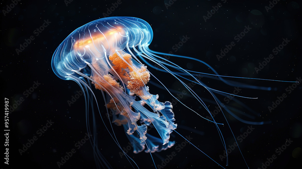 Naklejka premium Mysterious Jellyfish in the Dark Depths of the Ocean