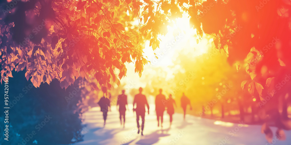 Silhouetted group walking in vibrant sunlit park with autumn leaves Silhouetted group walking in vibrant sunlit park with autumn leaves