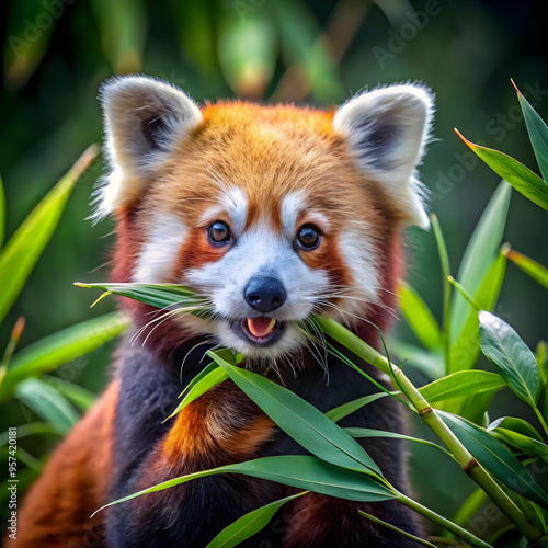 a red panda eats bamboo in nature