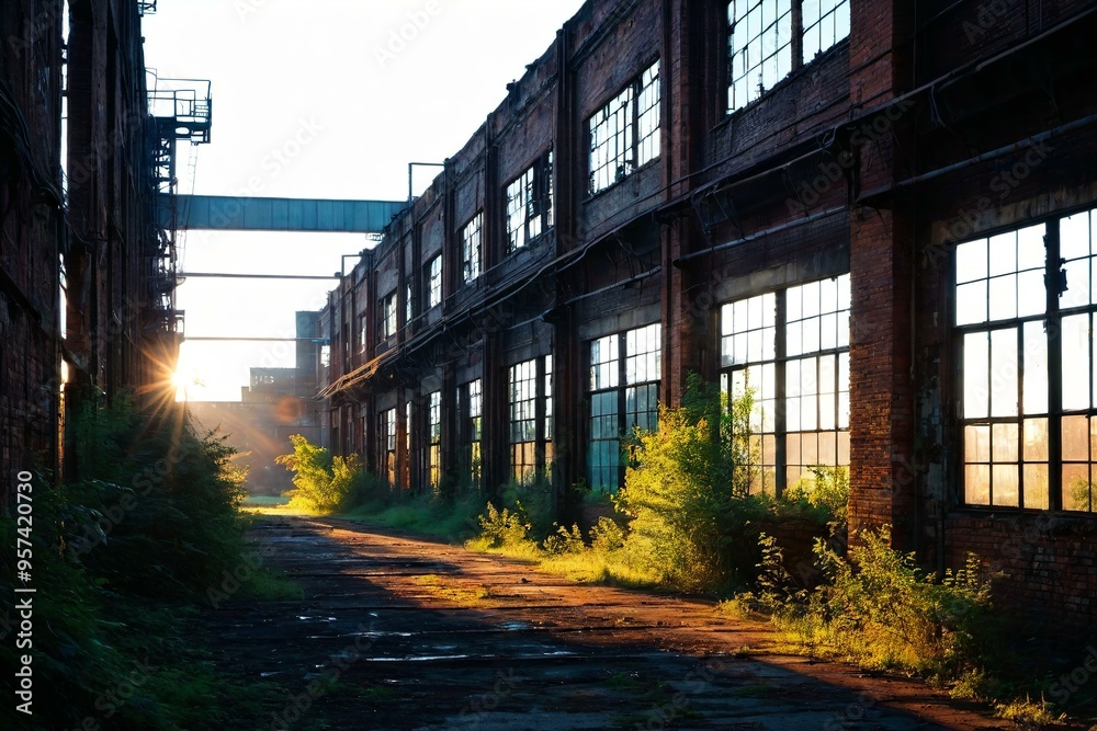 The sun shines through the broken windows of an old abandoned factory, highlighting the rusty machinery and peeling walls The sun shines through the broken windows of an old abandoned factory, highlighting the rusty machinery and peeling walls