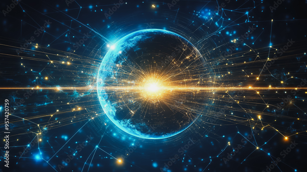 Obraz premium background Innovation network points Earth's surface wave background Abstract digital wave background information technology background The background is the background. gradient wave digital wave ban