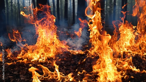 Forest fire burning woods flames