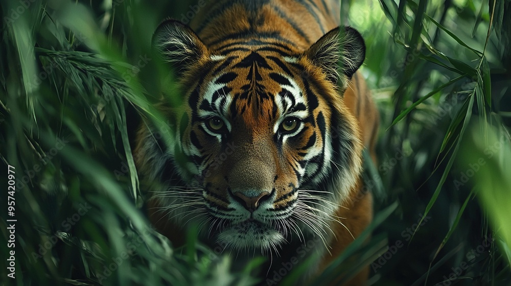   A close-up of a tiger in tall grass, facing the camera with a serious expression