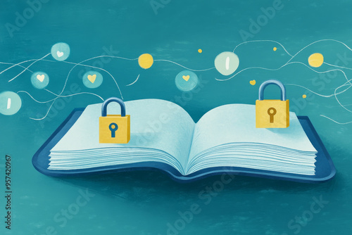 An open book with locks and floating symbols, representing secure medical records and protected information.