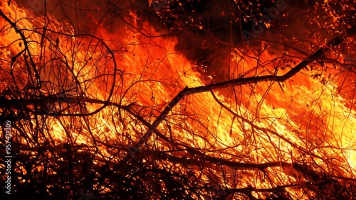 Forest fire burning woods flames