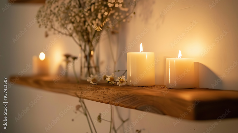 Bookshelf with a few flowers and candles. Relaxing room. Living room with calming vibes. home interior Bookshelf with a few flowers and candles. Relaxing room. Living room with calming vibes. home interior