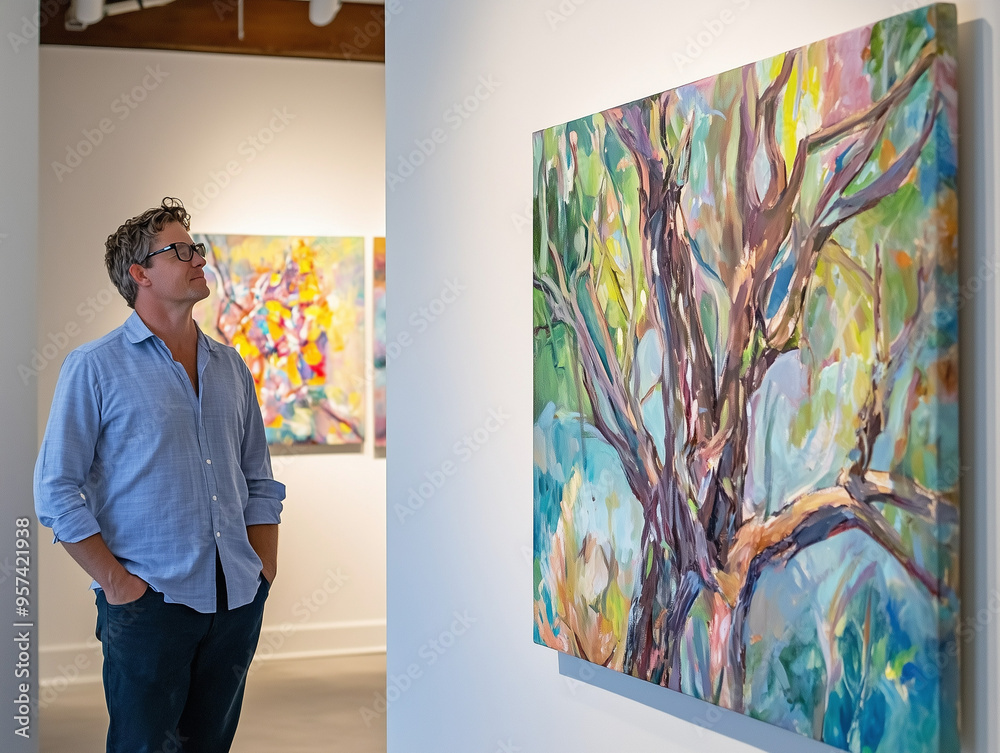 Fototapeta premium An artist standing beside a newly finished painting in a gallery, radiating accomplishment and contemplation