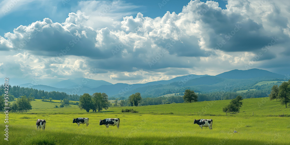 Fototapeta premium Cows grazing in lush green pasture with majestic mountain and cloudscape backdrop