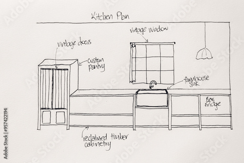 Architect hand drawn kitchen sketch